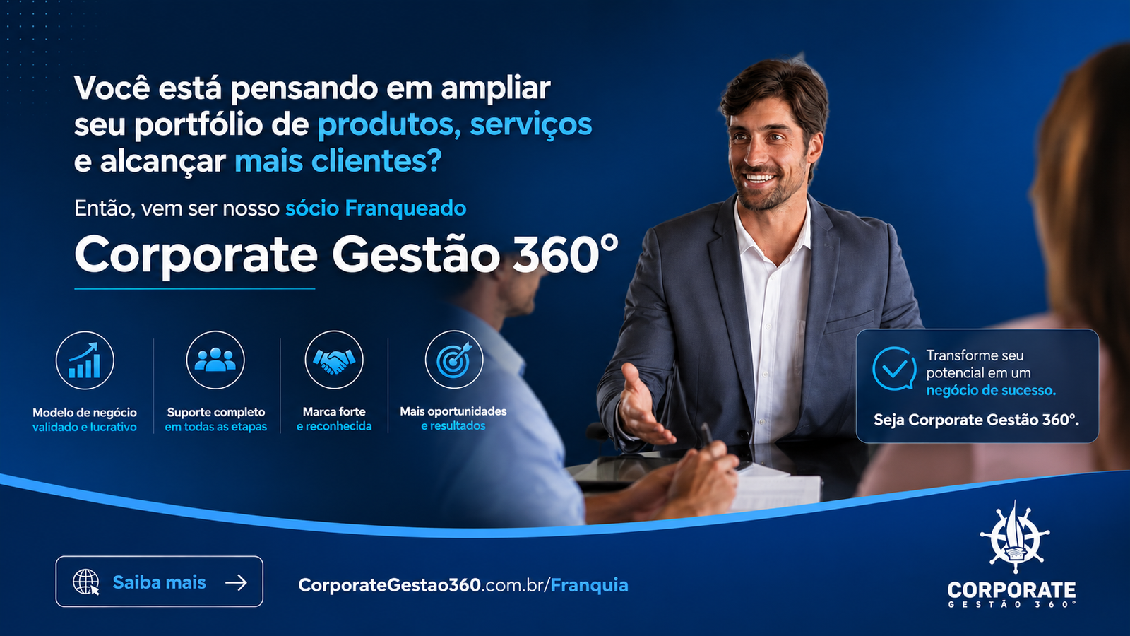 Você está pensando em ampliar seu portifólio de produtos, serviços, e alcançar mais clientes?  Então, participe da próxima apresentação dos planos de expansão da Franquia Corporate Gestão 360º